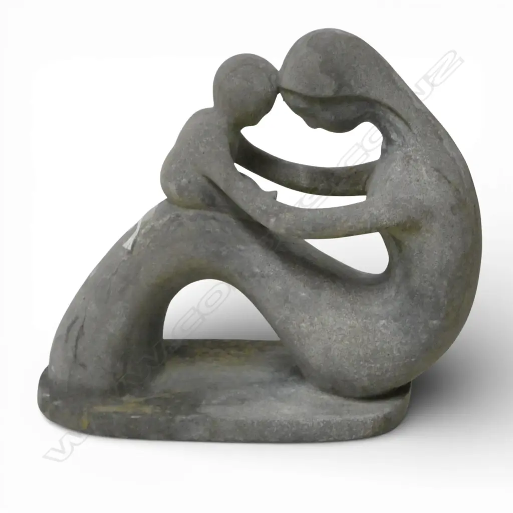 CARVED MARBLE STYLISED SCULPTURE OF MOTHER & CHILD, L.340mm Image 1++