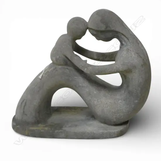 CARVED MARBLE STYLISED SCULPTURE OF MOTHER & CHILD, L.340mm