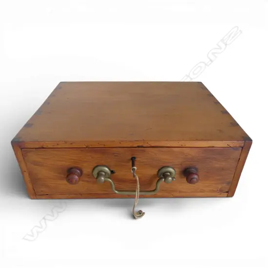 A late 19c. colonial kauri single drawer box.  Dove tailed. Brass and wood handles plus key W.380mm