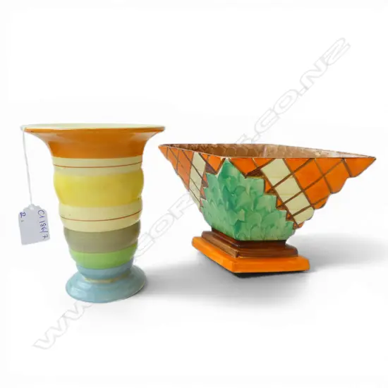 2 DECO HAND PAINTED VASES; MYOTT & SON W.270mm, OTHER H.175mm