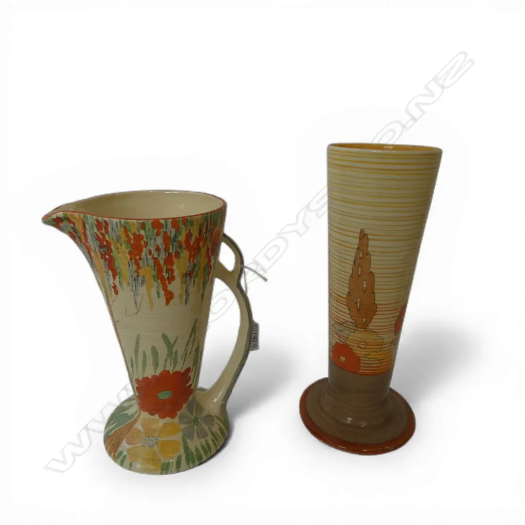 2 DECO HAND PAINTED VASES; CLARICE CLIFF H.265mm BASE REPAIRED, WADEHEATH JUG Image 1++