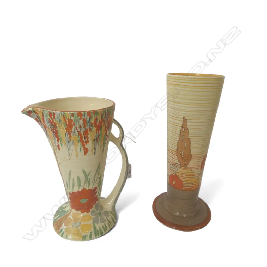 2 DECO HAND PAINTED VASES; CLARICE CLIFF H.265mm BASE REPAIRED, WADEHEATH JUG Image 1++