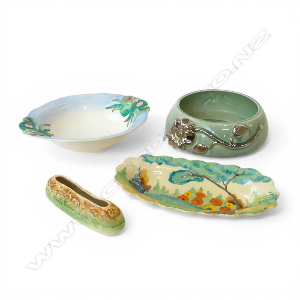 3 CLARICE CLIFF BOWLS 210mm dia + SYLVAC TROUGH W.155mm Image 1++