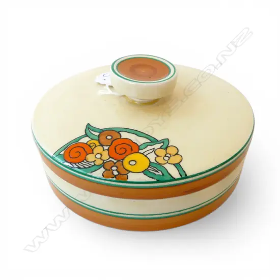 CLARICE CLIFF BIZARRE LIDDED CONTAINER 135mm dia interior rim chip