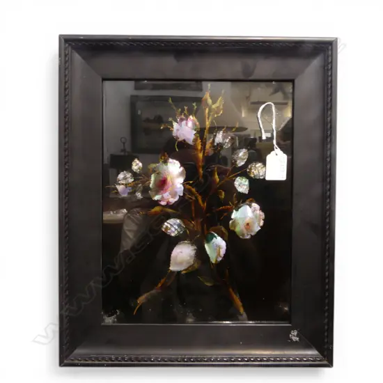 ANTIQUE BLACK LACQUER PANEL WITH FLORAL M.O.P HIGHLIGHTS 295 x 225mm UNDER GLASS IN BLACK FRAME
