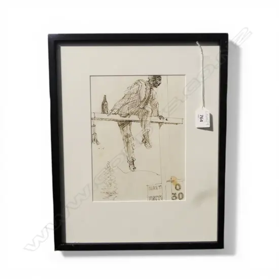 GARTH TAPPER, MAN ON CROSSBARS, PEN & INK DRAWING 225x170mm