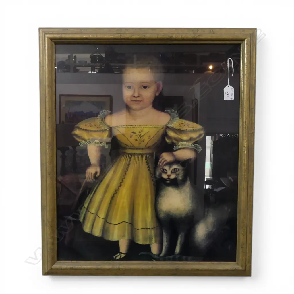 PRINT of an ANTIQUE FOLK ART PAINTING GIRL WITH CAT. 545 x 460mm Image 1++