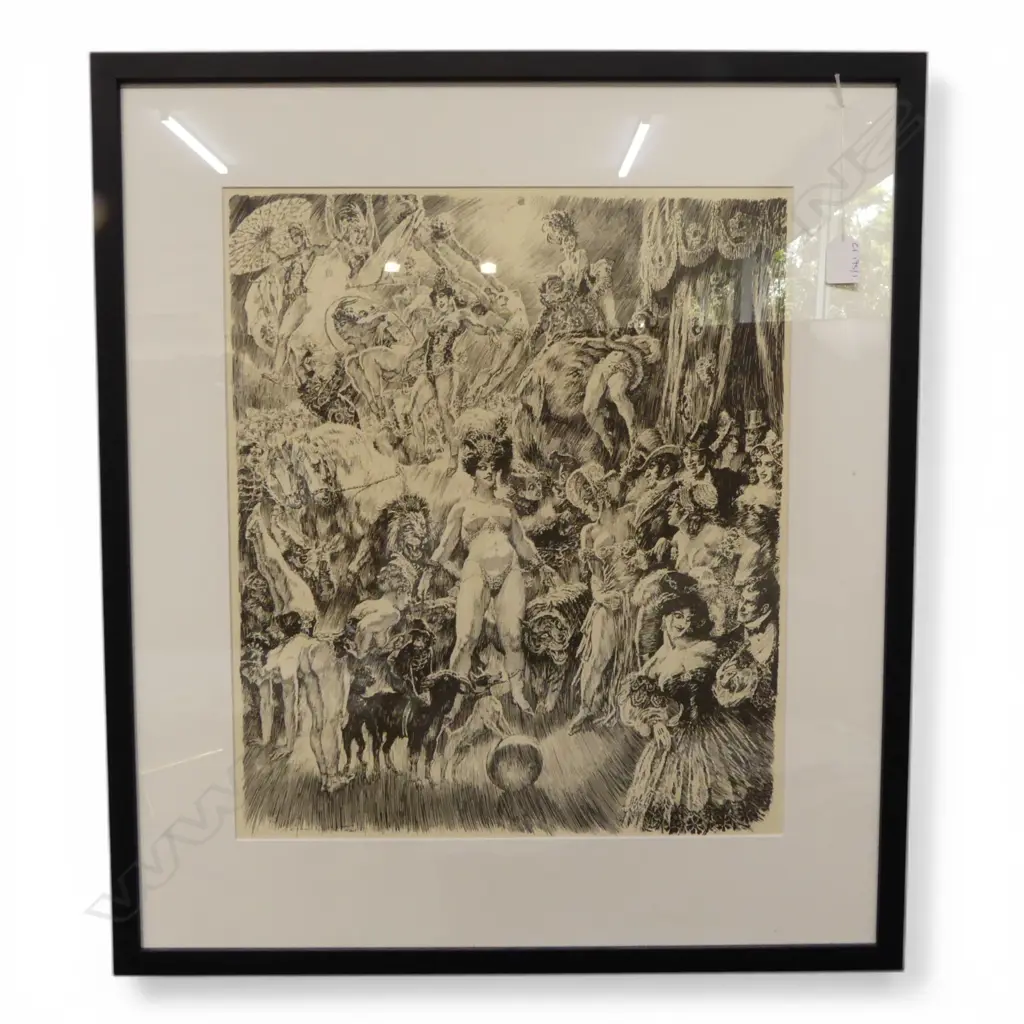 NORMAN LINDSAY 'THE CIRCUS; THE DUKE GIVES A PARTY' PRINT OF PEN DRAWING, MACHINE SIGNED & DATED 1945 490x420mm Image 1++