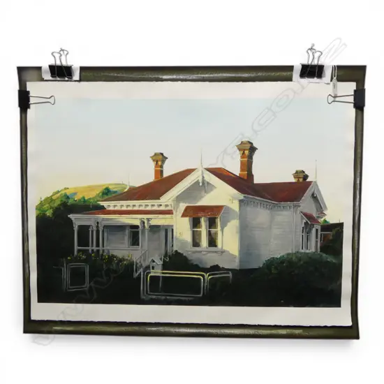 JUSTIN  BOROUGHS 'VILLA & MOUNTAIN', UNFRAMED ACRYLIC ON PAPER, H.500 x 720mm