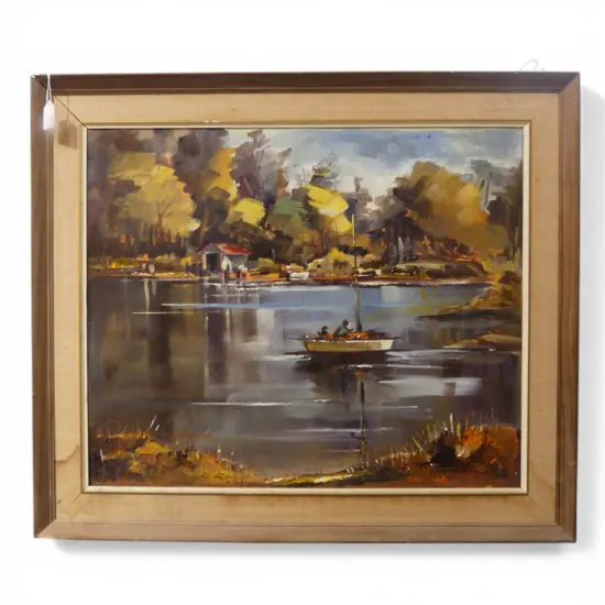FLORENCE M LUXFORD 'NORTHCOTE REFLECTIONS AUCKLAND' OIL ON BOARD 490x595mm frame w. faults
