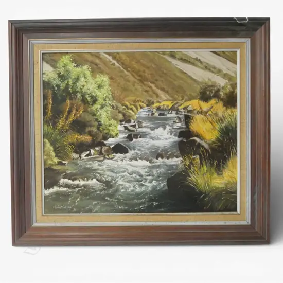 OIL ON BOARD MOUNTAIN RIVER BY HARRY SANGL H500 W600MM