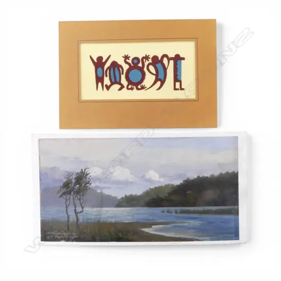 J R MAYCLAIR JNR, 'LAKE WAIKEREMOANA', OIL ON CARD (U/F), 185 x 355mm  DON STAFFORD LINOCUT ON FABRIC, 100x200 mm (U/F)