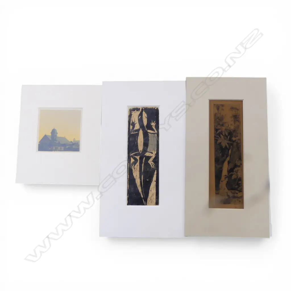 THREE UNFRAMED PRINTS INCL. TREVOR LLOYD, KARAMATURA FALLS, JOHN L. MOORE (UNSIGNED), ARTIST UNKNOWN, LIZARD LINOCUT,   Image 1++