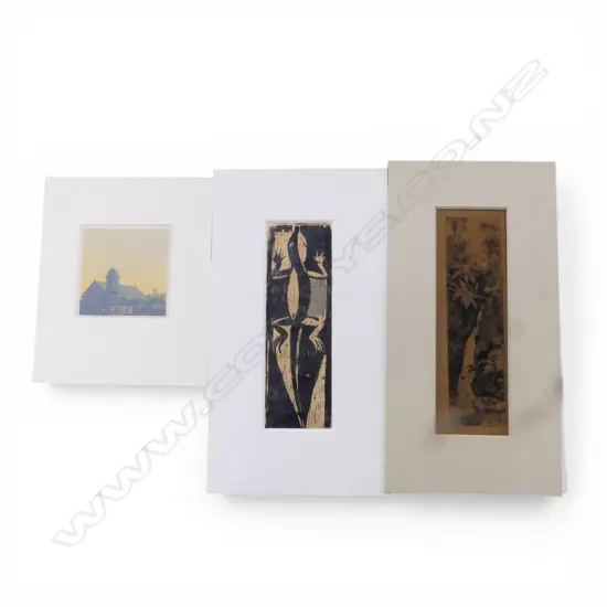 THREE UNFRAMED PRINTS INCL. TREVOR LLOYD, KARAMATURA FALLS, JOHN L. MOORE (UNSIGNED), ARTIST UNKNOWN, LIZARD LINOCUT,  