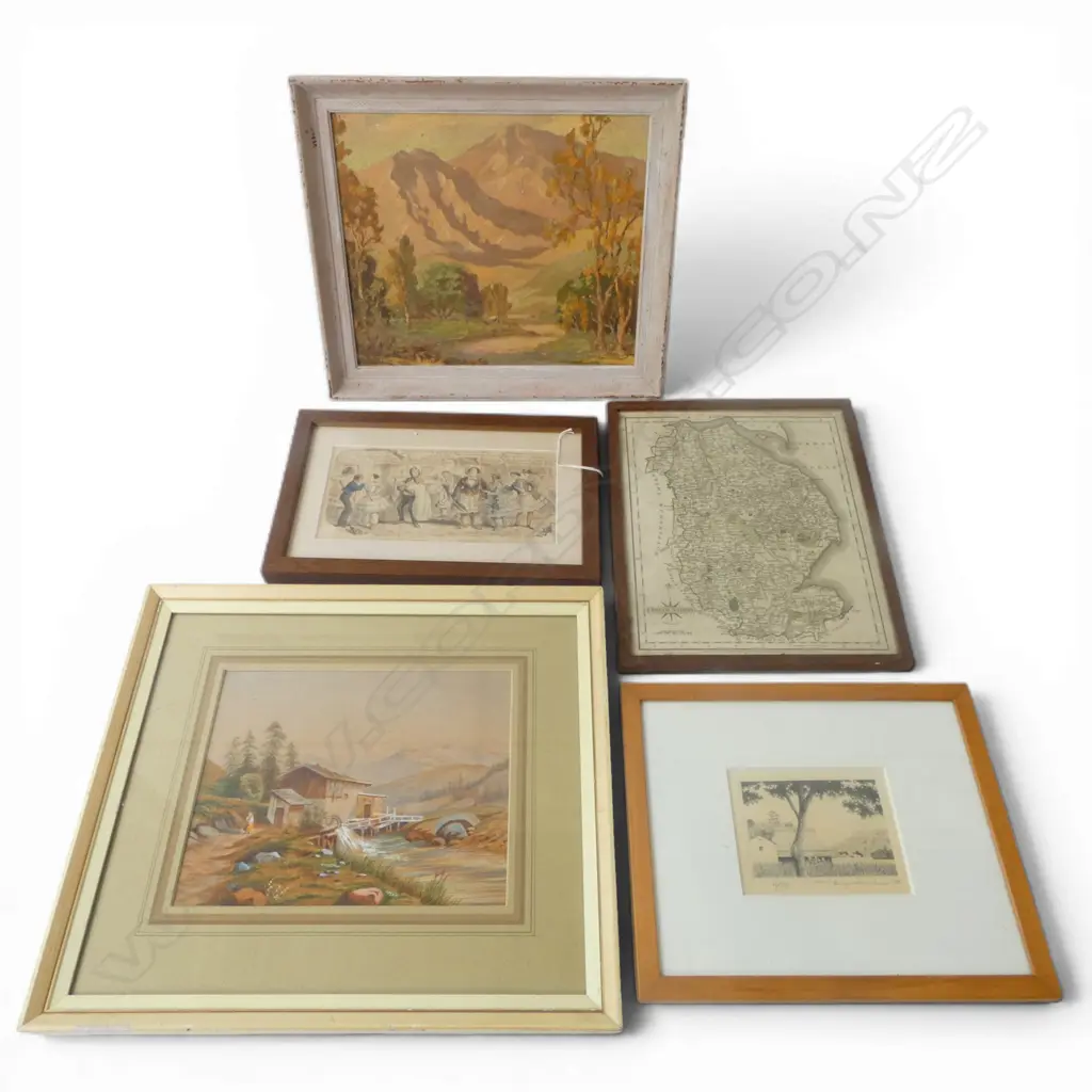 5 ARTWORKS; L. SIMPSON OIL 235x285mm, JAPANESE PRINT, WATERMILL, LINCOLNSHIRE MAP, 19th PRINT 'PROGESS OF BLOOMERISM' Image 1++