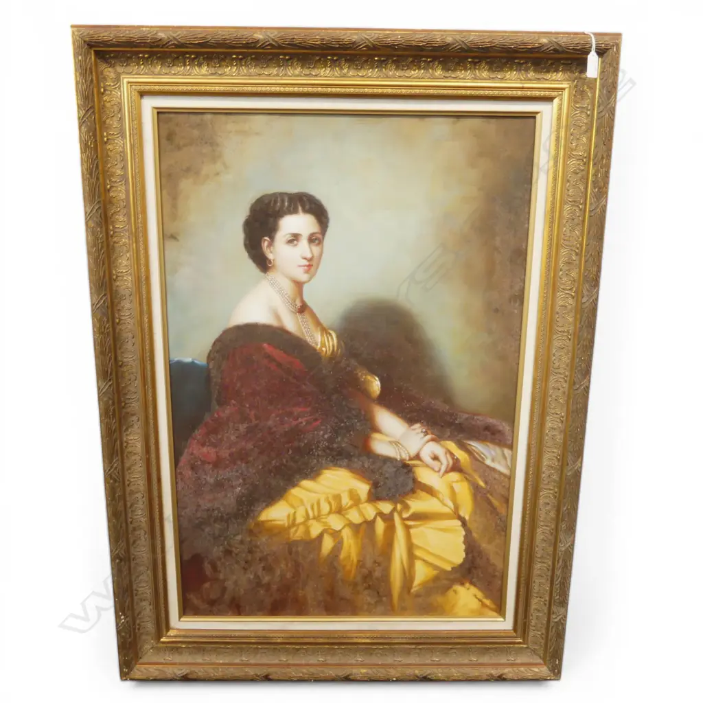 LARGE ANTIQUE STYLE OIL PAINTING OF LADY IN GOLD DRESS WITH PEARL NECKLACE IN ORNATE GILT FRAME SOME MOULD T1240 x 835mm Image 1++