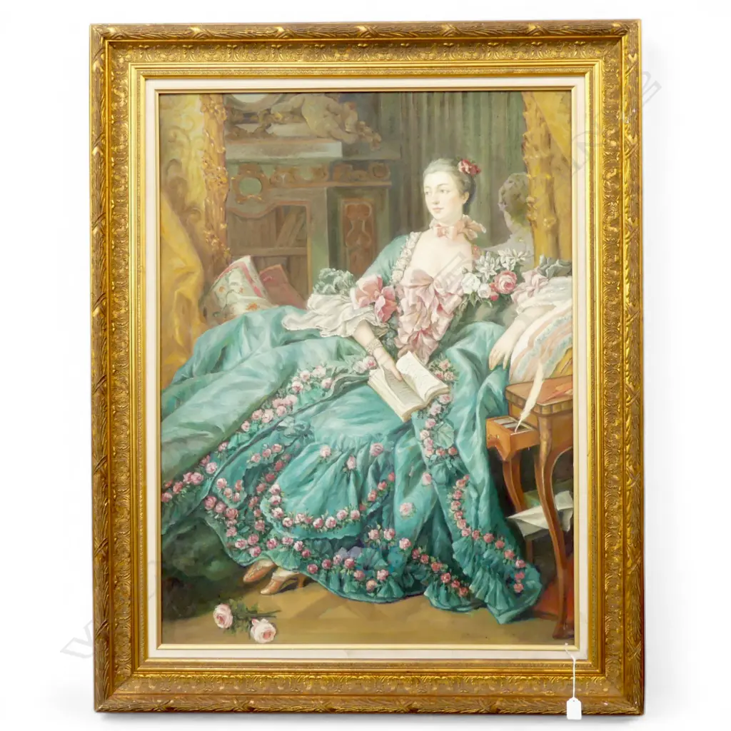 LARGE FRENCH ANTIQUE STYLE OIL PAINTING OF RECLINING LADY WITH ROSES TO DRESS IN ORNATE GILT FRAME1240 x 980mm Image 1++