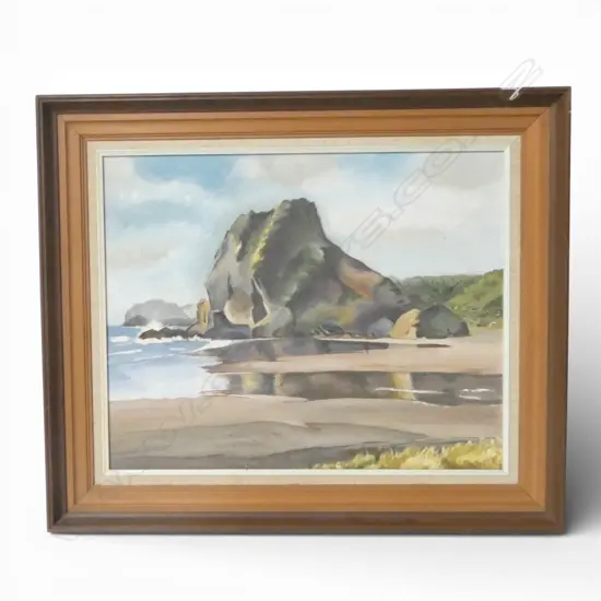 OIL ON BOARD LION ROCK PIHA UNSIGNED H390 W490MM