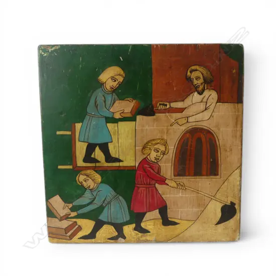 WOODEN BOARDED PLAQUE with painted scene of tiling or block making / laying. 430 x 430mm
