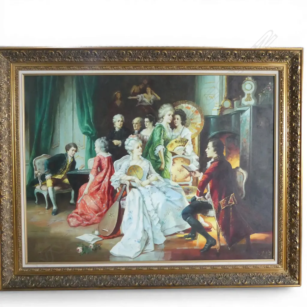 VERY LARGE ANTIQUE FRENCH STYLE OIL ON CANVAS FORMAL FIGURES IN INTERIOR SCENE iN ORNATE GILT FRAME  1460 x 1160mm Image 1++