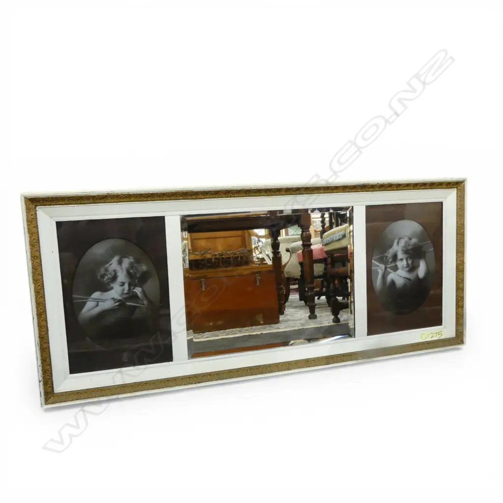 LG 3 PANEL WALL HANGING w. CENTRAL BEVEL MIRROR & OPOSING SEPIA CUPID PRINTS 530x1260mm Image 1++