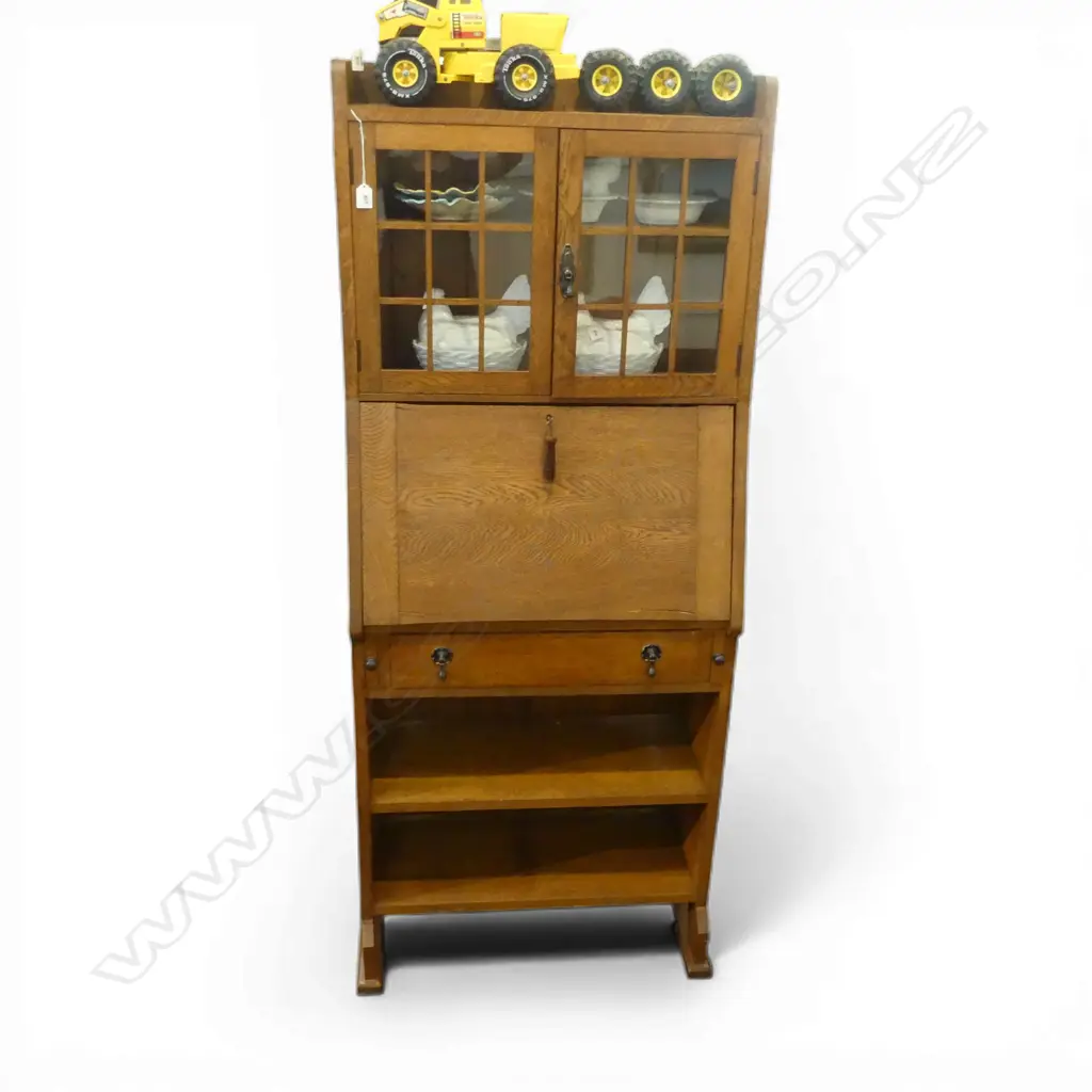 1920S OAK 2 DOOR BOOKCASE DROP FRONT WRITING DESK FAULTS H1690 L680MM Image 1++