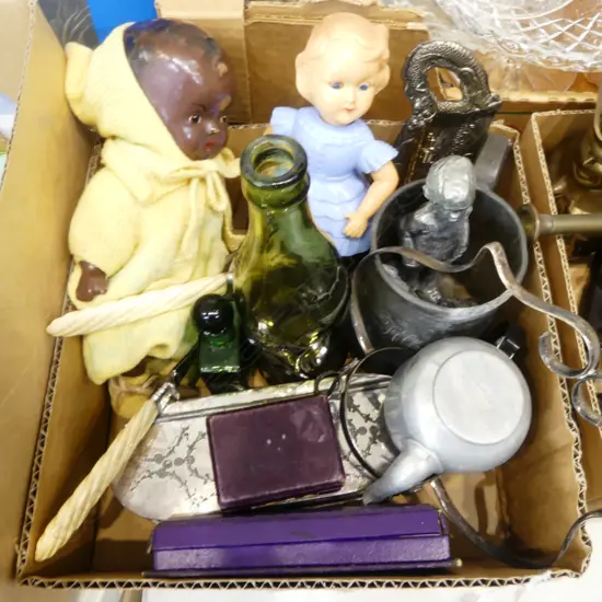 ASST. COLLECTABLES; 2 DOLLS, ANTIQUE ENGLISH GLASS BOTTLE, etc