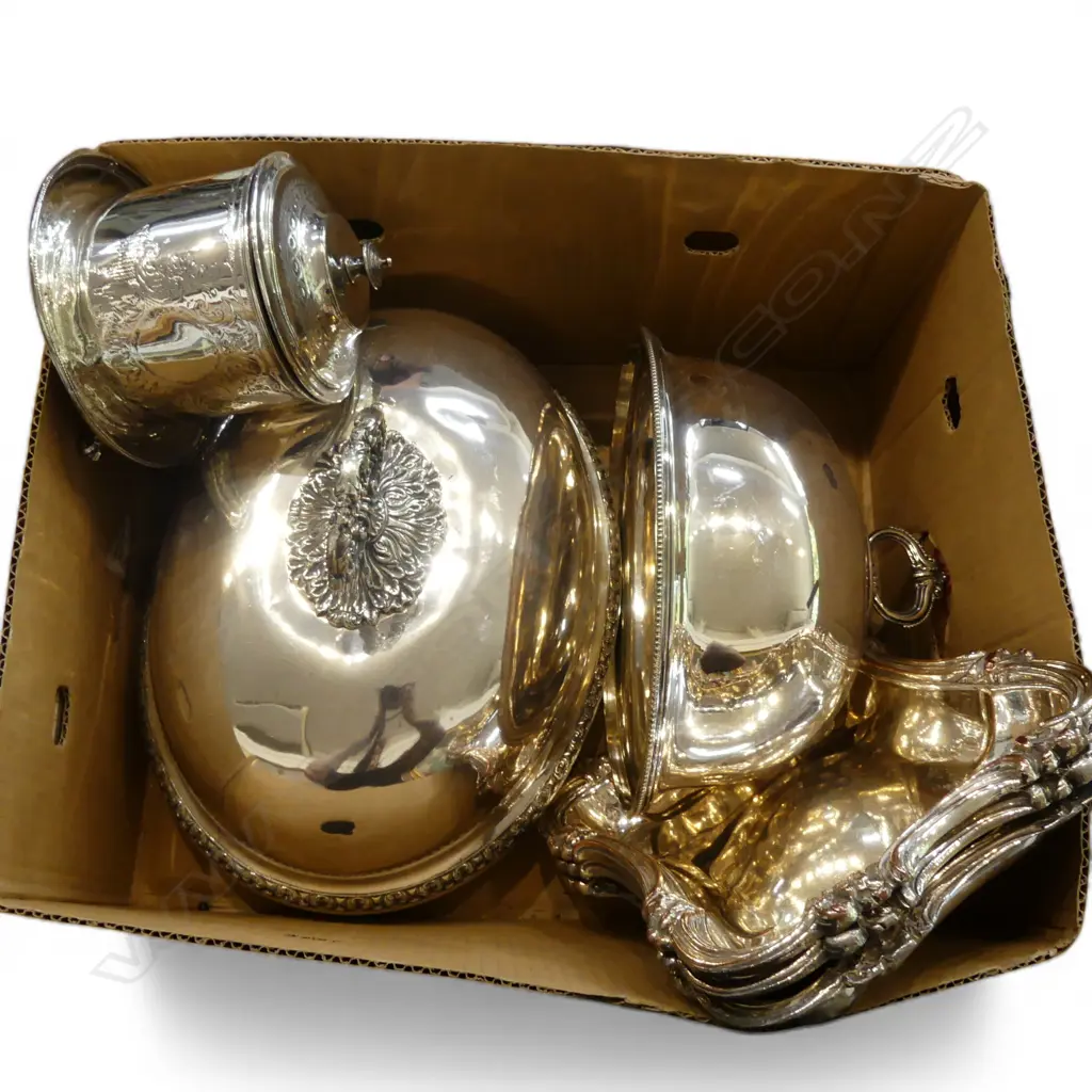 ASST. SILVER PLATE; 2 MEAT COVERS, CADDY & 3 TRAYS Image 1++