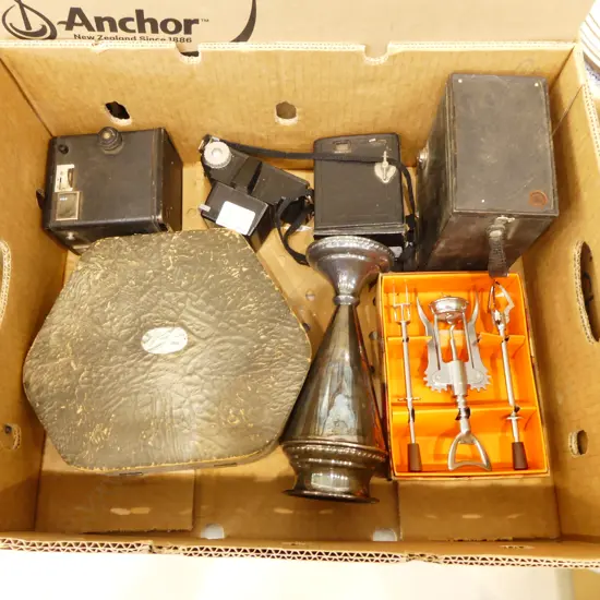 BOX LOT 4 VINTAGE CAMERAS MANIQURE SET DRINKS SET  AMERICAN VASE 