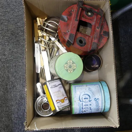 BOX 4 COPPER MUGS + ORIENTAL red lacquered EXPANDING LANTERN + KITCHENALIA