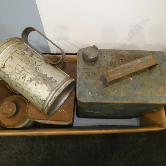 4 OLD PETROL TINS + OIL CAN