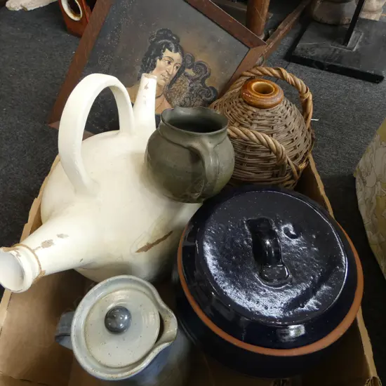 ASST. CERAMICS; JUGS, CROCKS ETC + PORTRAIT 19thC WOMAN