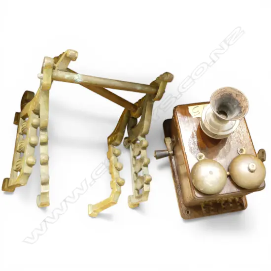 WALL PHONE + 2 METAL FIRE DOGS 