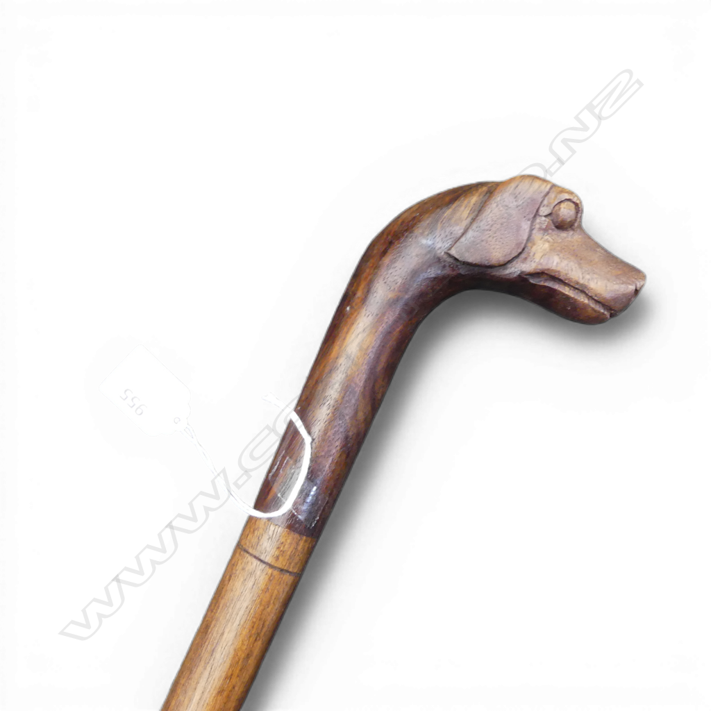 VINTAGE WALKING STICK w. CARVED DOGS HEAD HANDLE L.955mm Image 1++