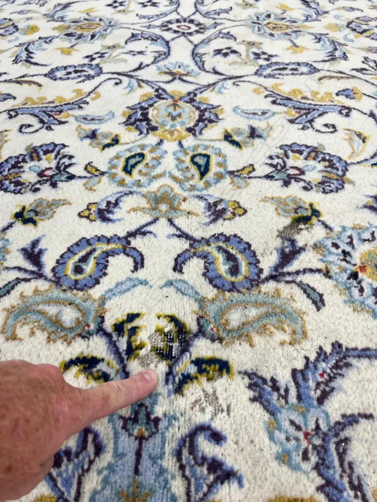 Very large Iranian hand knotted Kashan carpet curvilinear designs pale tones. 4100 x 3000mm. Some fading & insect damage Image 1++