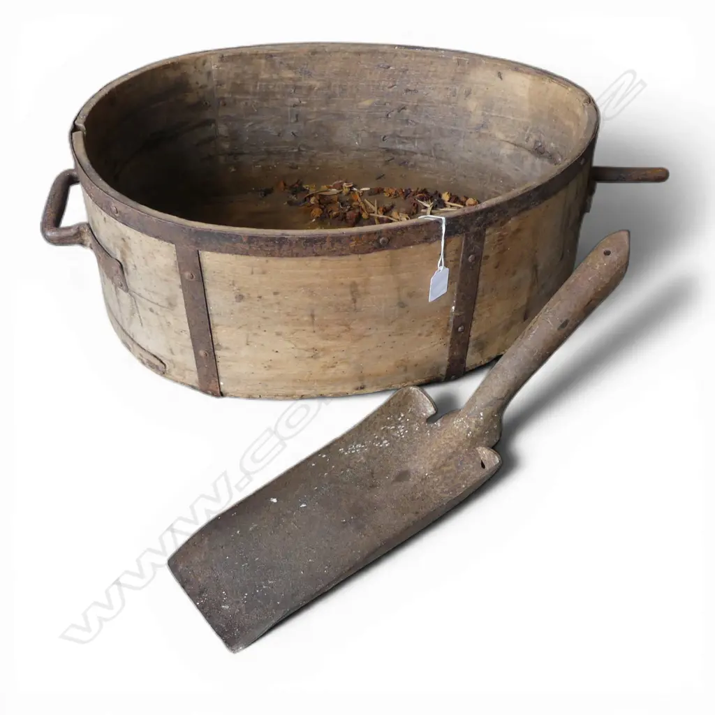 19thC PRIMITIVE CURVED WOOD & IRON CLAD BIN w iron handle & spike ends L.730mm + old iron scoop Image 1++