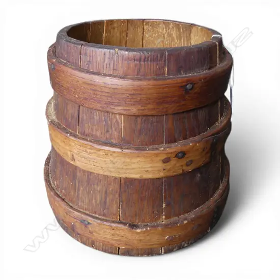 19thC COUNTRY COPPERED OAK WOOD BOUND TAPERED BUCKET H.245mm
