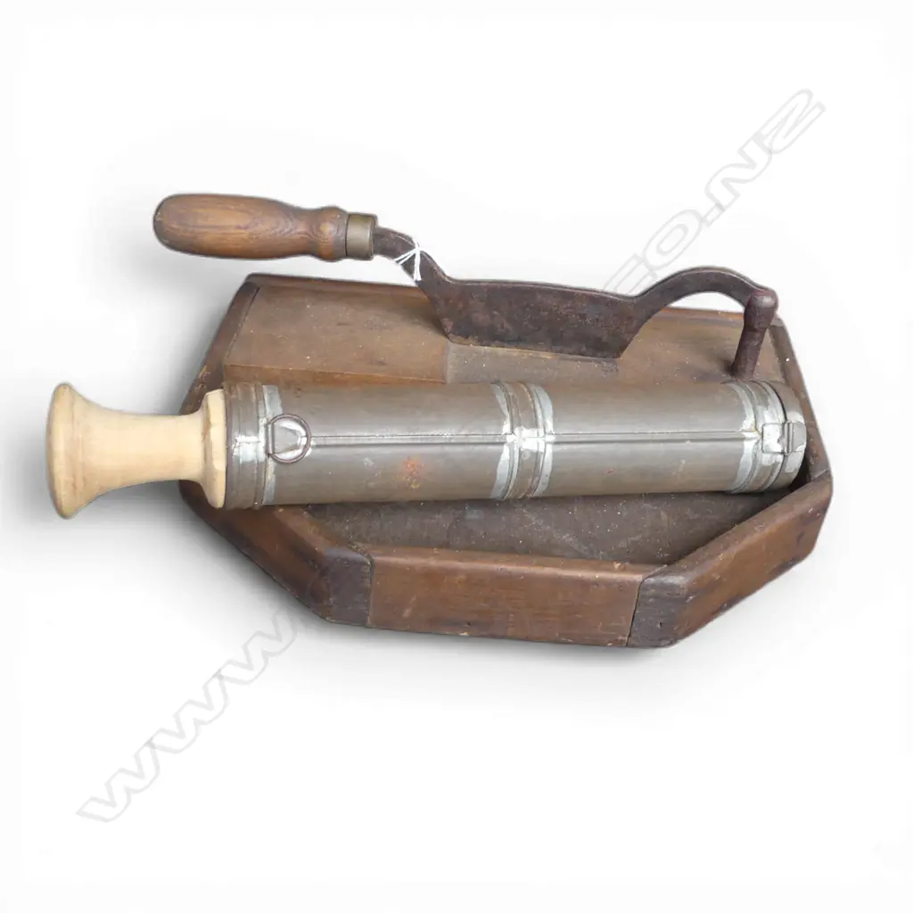 ANTIQUE KITCHEN FOOD CHOPPER + CREAM DISPENSER tin & wood Image 1++