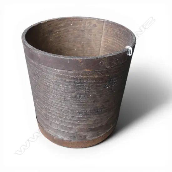 GEORGE III CURVED WOOD & IRON BOUND SMALL GALLON MEASURING BUCKET w impressed Royal GR cypher & 'Gallon'. 195 x 195mm