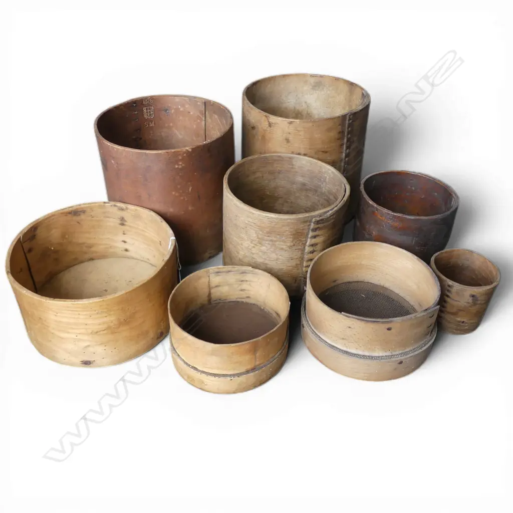 8 ANTIQUE PRIMITIVE WOODEN BUCKETS & SIEVE/STRAINERS Largest Dia.25mm Image 1++