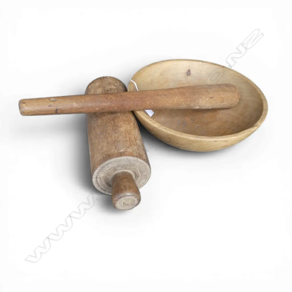 OLD ELM BOWL + 1 HANDLE ROLLING PIN + MALLET/BEATER L.455mm Image 1++