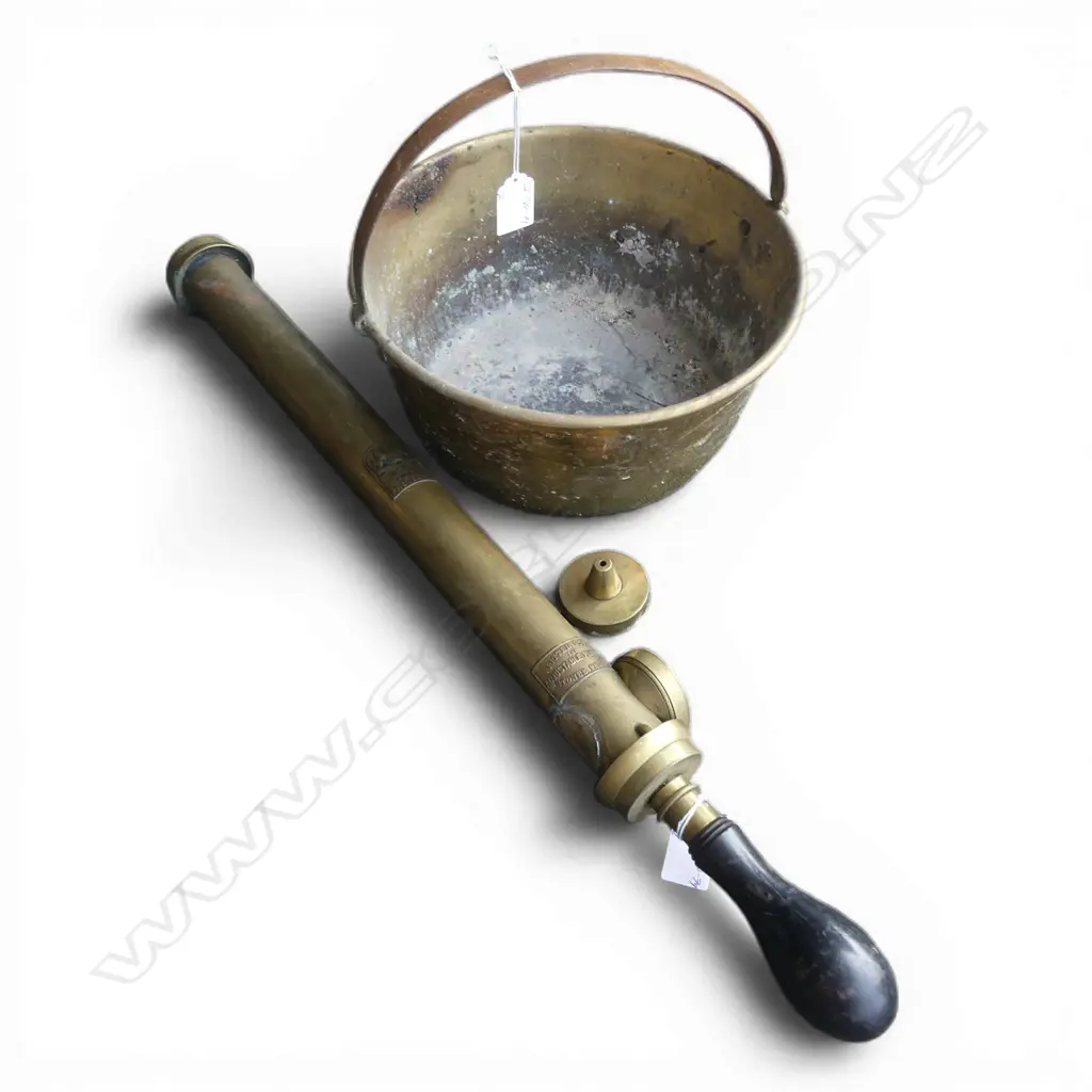 OLD BRASS JAM PAN + PUMP SPRAYER with loose fitting. Provenance: Ex. estate of Adrian Michael Garrett. Kerikeri  Image 1++