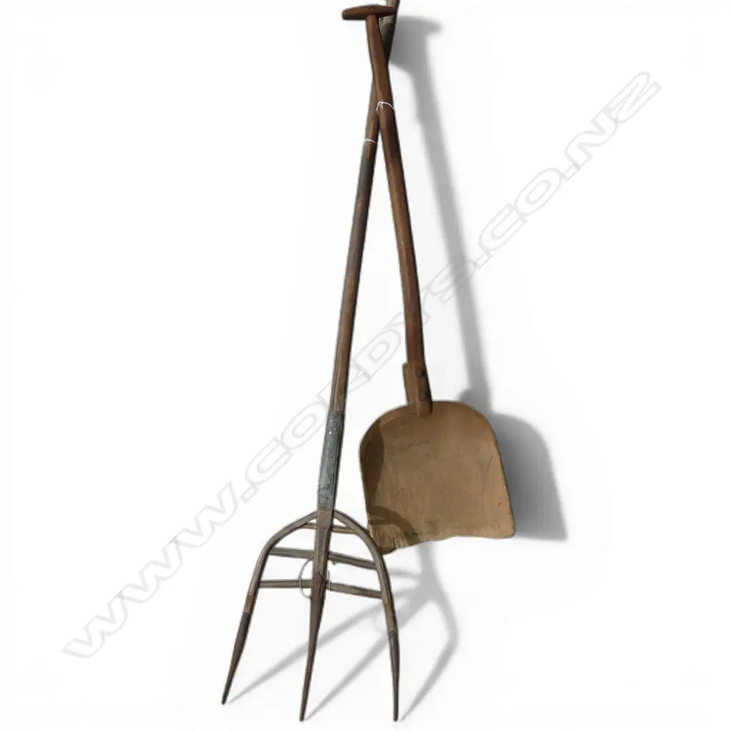 2 19thC COUNTRY WOODEN LONG FARM IMPLEMENTS fork + spade. Longest 1680mm Image 1++