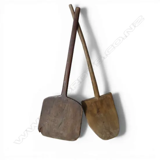 2 19thC COUNTRY WOODEN LONG FARM IMPLEMENTS bladed ends. Longest 1100mm