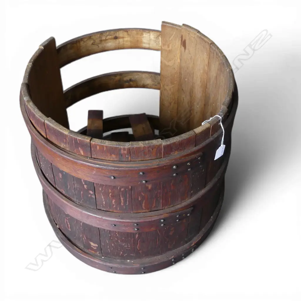 19thC OAK COOPERED BARREL. Some re-assembly required. Wood bound. Dia.520mm. H.430mm. Image 1++