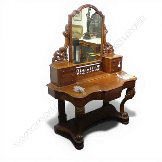 VICTORIAN MAHOGANY MIRRORBACK DRESSING TABLE marked 1230x550x1440mm