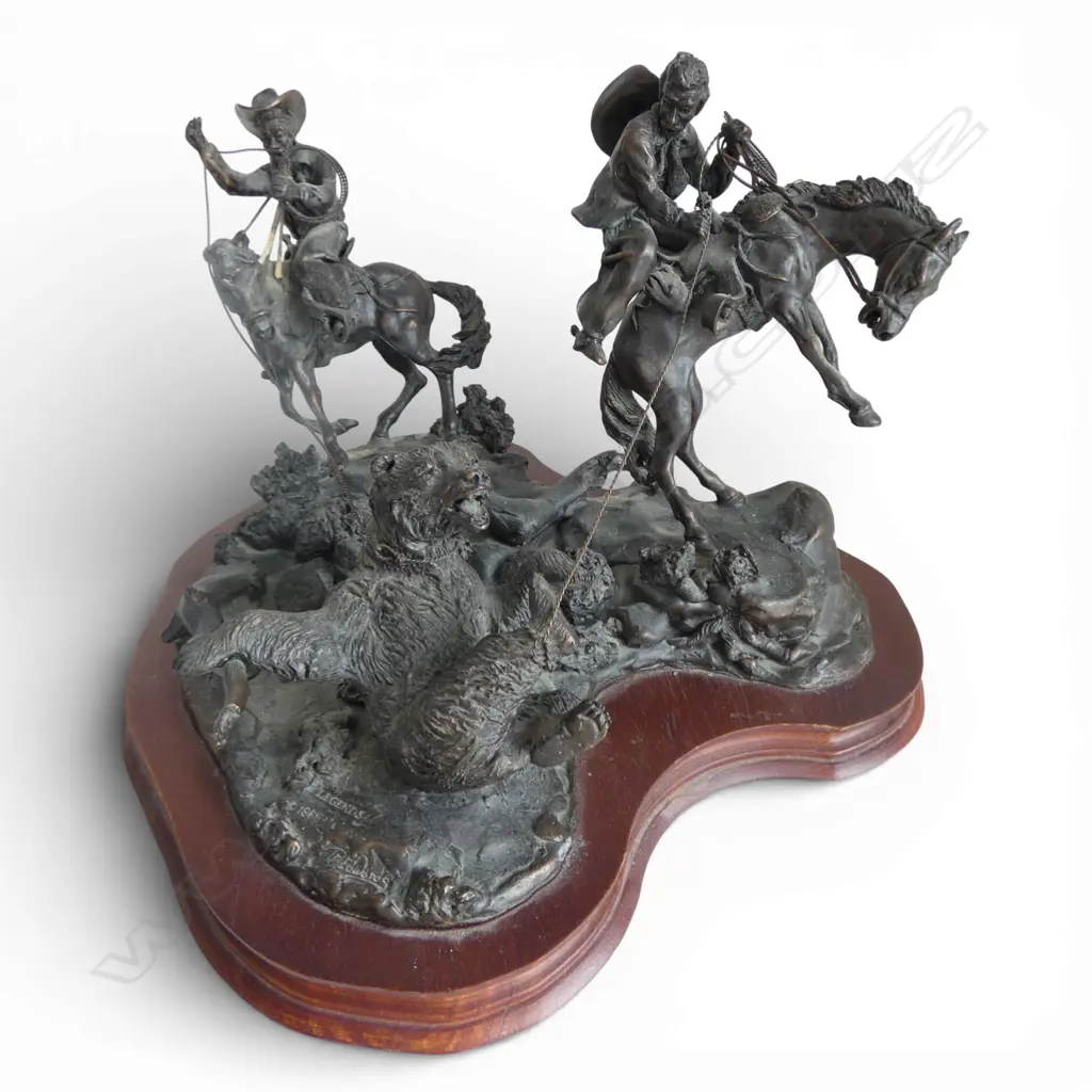 BRONZED PEWTER FIGURE GROUP: LEGENDS 'WRANGLERS DARE' 110/2500 1986 SIGNED 285mm dia... Image 1++
