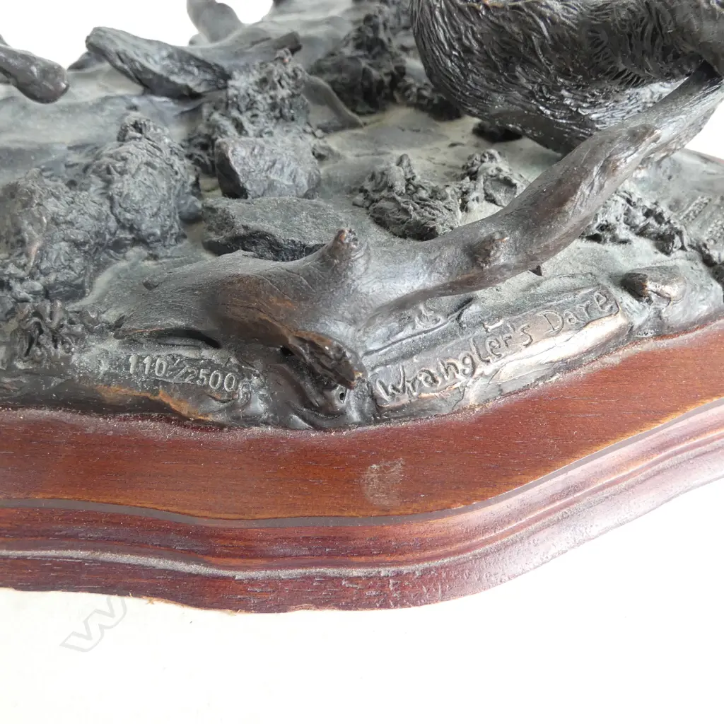 BRONZED PEWTER FIGURE GROUP: LEGENDS 'WRANGLERS DARE' 110/2500 1986 SIGNED 285mm dia... Image 1++