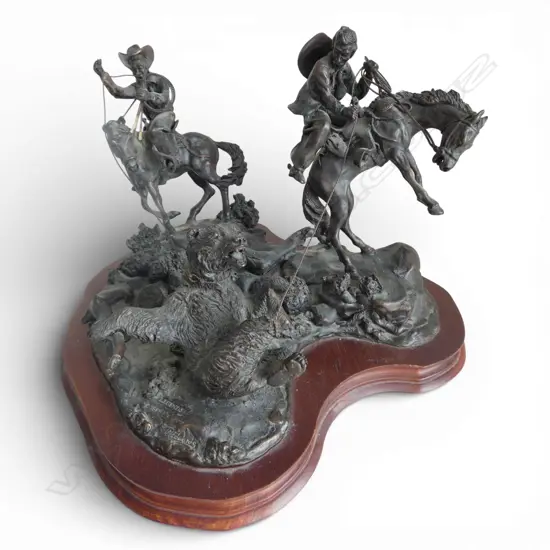 BRONZED PEWTER FIGURE GROUP: LEGENDS 'WRANGLERS DARE' 110/2500 1986 SIGNED 285mm dia...