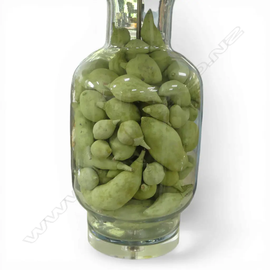 PR TABLE LAMPS; GLASS BASES w. GREEN FAUX FRUIT INSIDE, PLEATED CELADON SILK SHADES H.870mm  american plugs Image 1++